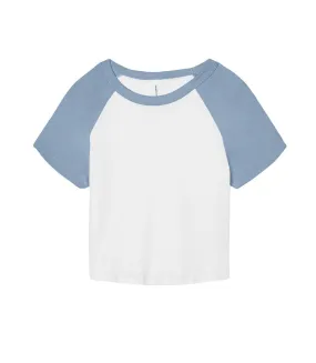 Womens/ladies micro-rib raglan crop top white/baby blue Bella + Canvas