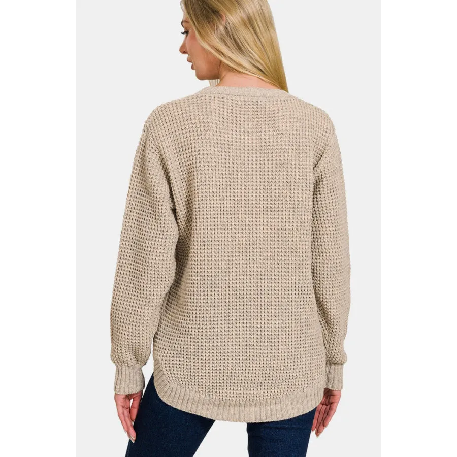 Zenana High Low Long Sleeve Waffle Sweater