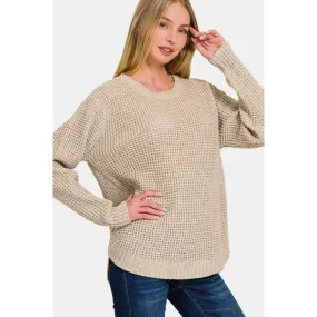 Zenana High Low Long Sleeve Waffle Sweater