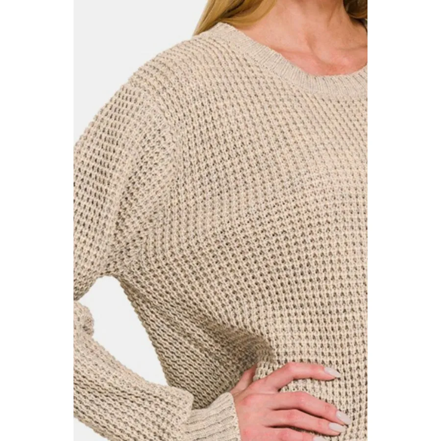 Zenana High Low Long Sleeve Waffle Sweater